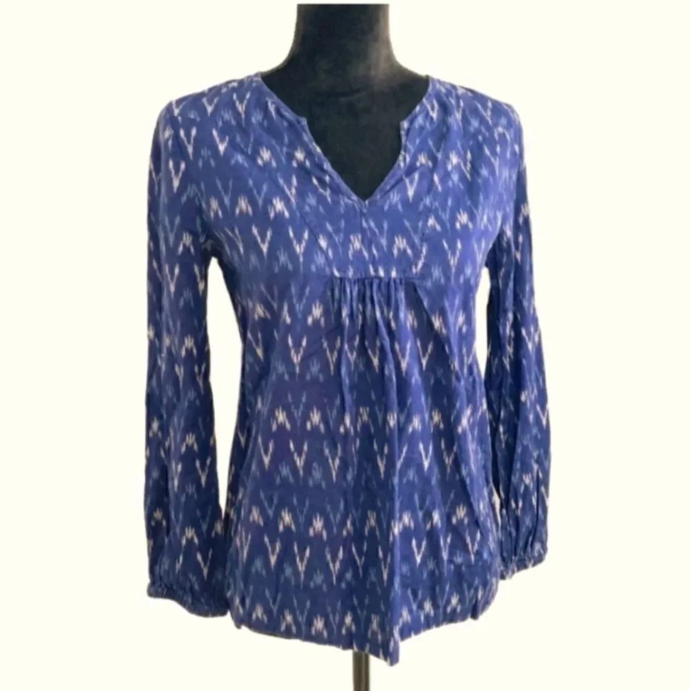 J Crew Ikat Cotton V Neck Peasant Blouse XSMALL